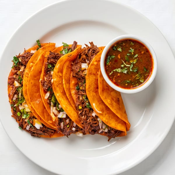 Five birria tacos with shredded beef, onions, and cilantro, served with a side of consommé.