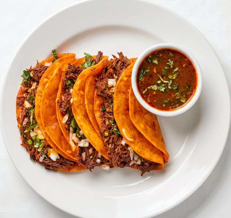 Five birria tacos with shredded beef, onions, and cilantro, served with a side of consommé.