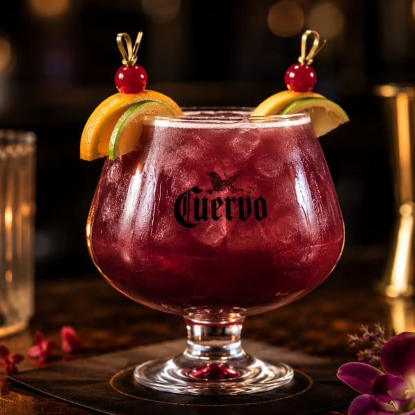 A Cuervo branded red cocktail with citrus and cherries, next to a candle and gold jigger.