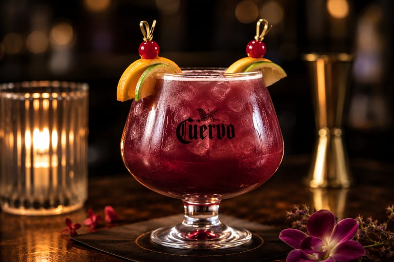 A Cuervo branded red cocktail with citrus and cherries, next to a candle and gold jigger.