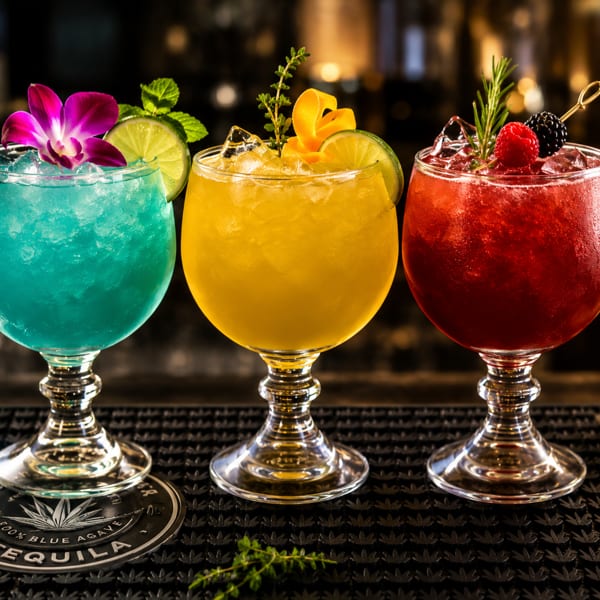 Three colorful cocktails, blue, yellow, and red, garnished with fruit and flowers on a bar.