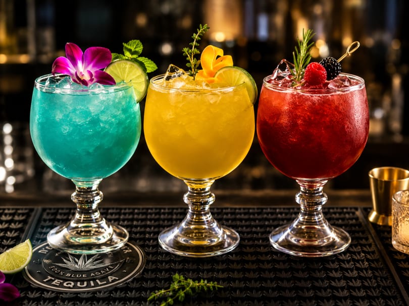 Three colorful cocktails, blue, yellow, and red, garnished with fruit and flowers on a bar.