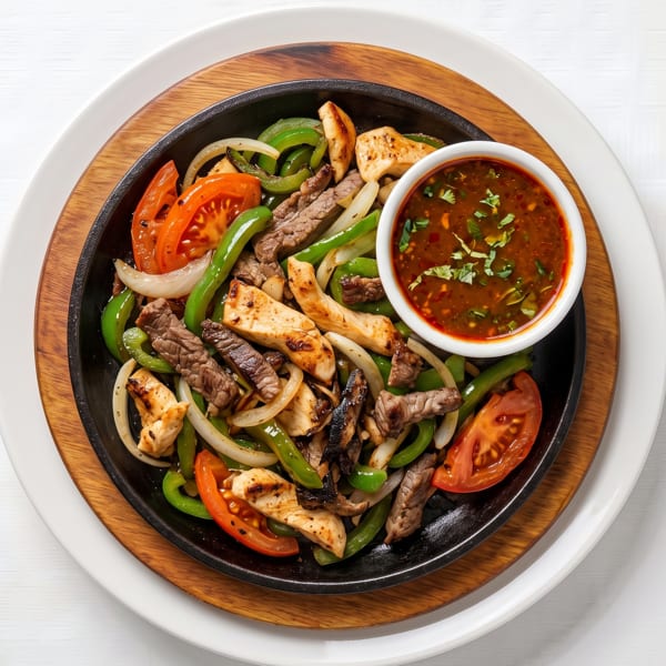 Sizzling fajitas with chicken, beef, peppers, onions, tomatoes, and a side of salsa.