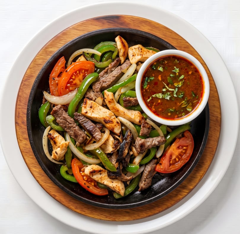 Sizzling fajitas with chicken, beef, peppers, onions, tomatoes, and a side of salsa.