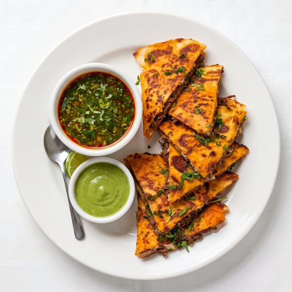 Birria quesadillas with two dipping sauces and lime wedges on a white plate.