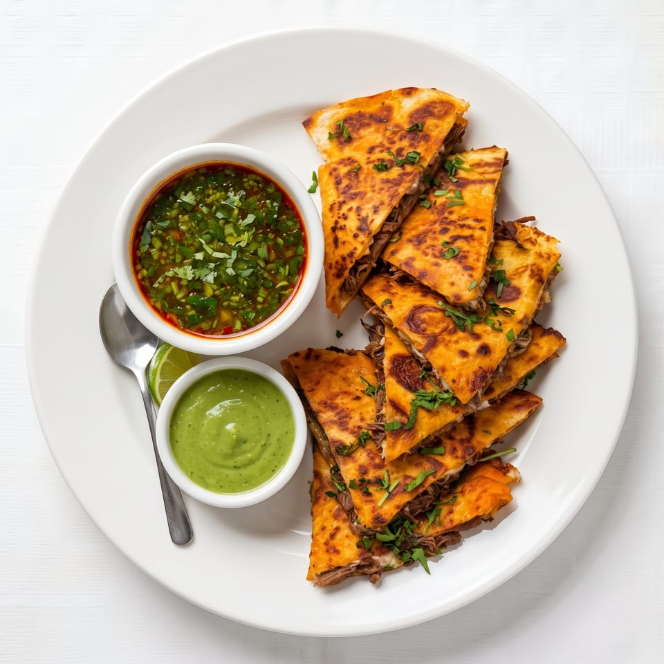 Birria quesadillas with two dipping sauces and lime wedges on a white plate.