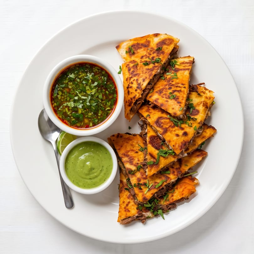 Birria quesadillas with two dipping sauces and lime wedges on a white plate.
