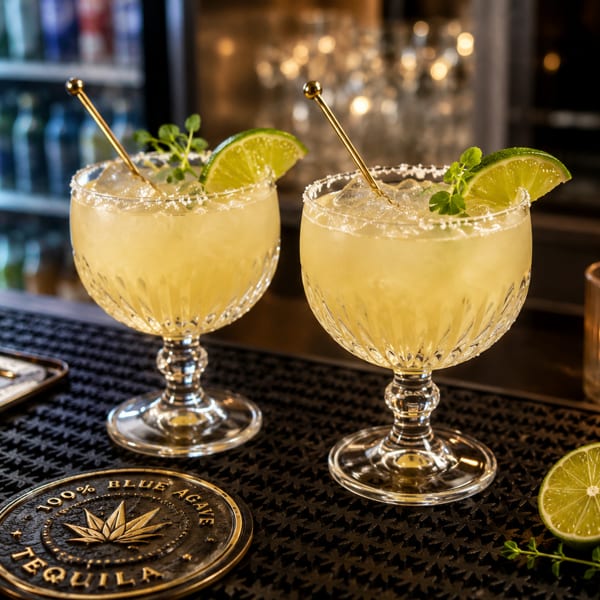 Two margaritas with lime and herbs on a bar with a tequila coaster and candle.