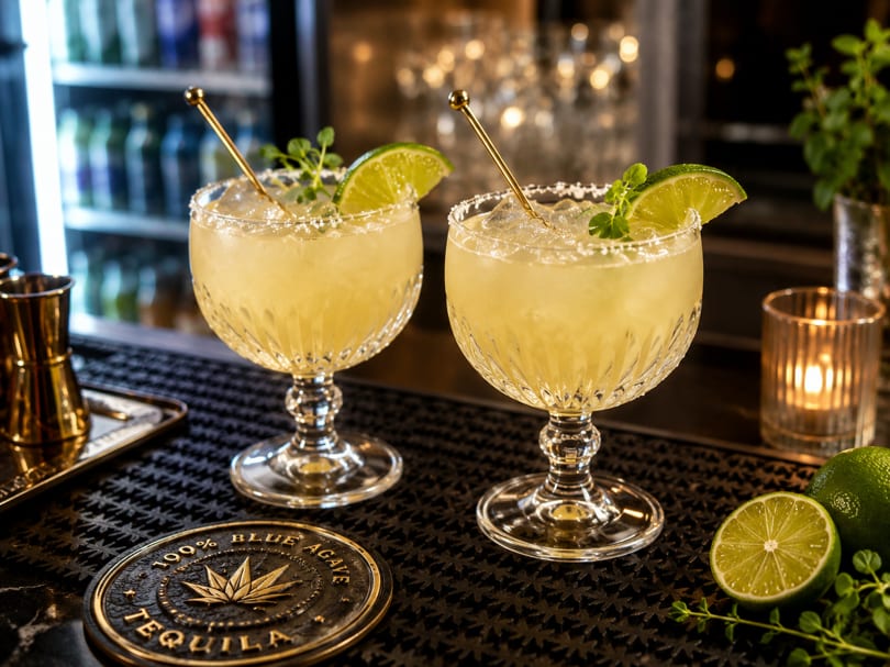 Two margaritas with lime and herbs on a bar with a tequila coaster and candle.