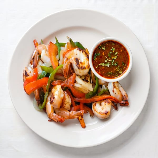 Grilled shrimp with red and green bell peppers, onions, and a side of dark sauce.